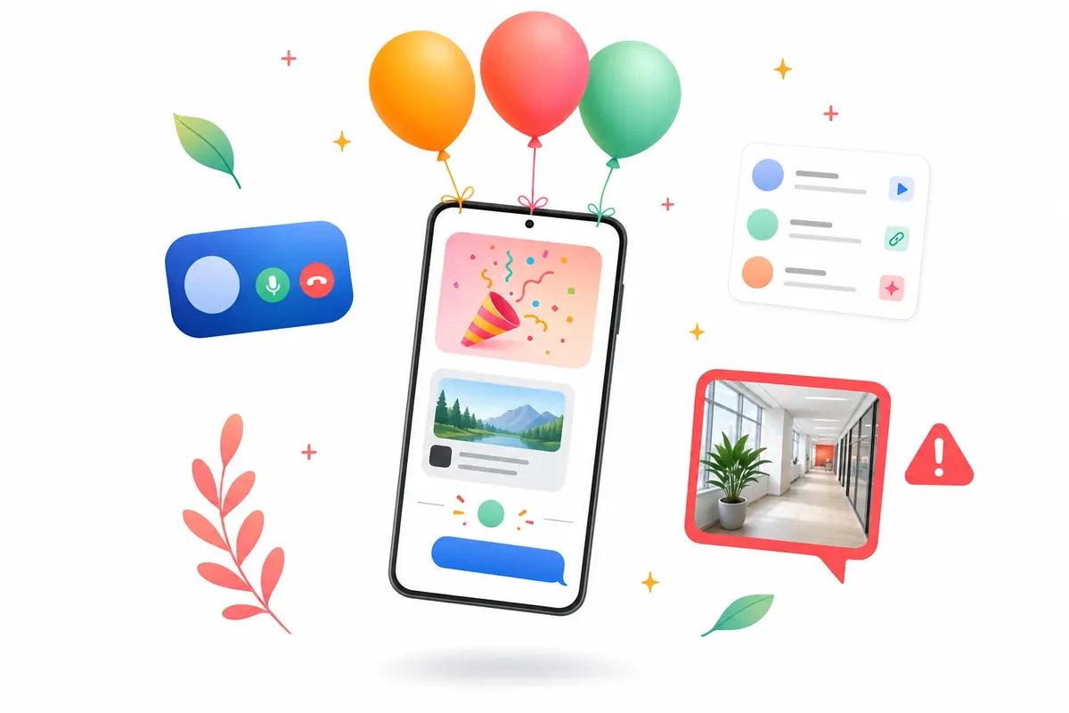 A phone lifted by three balloons, a confetti GIF playing in its chat.