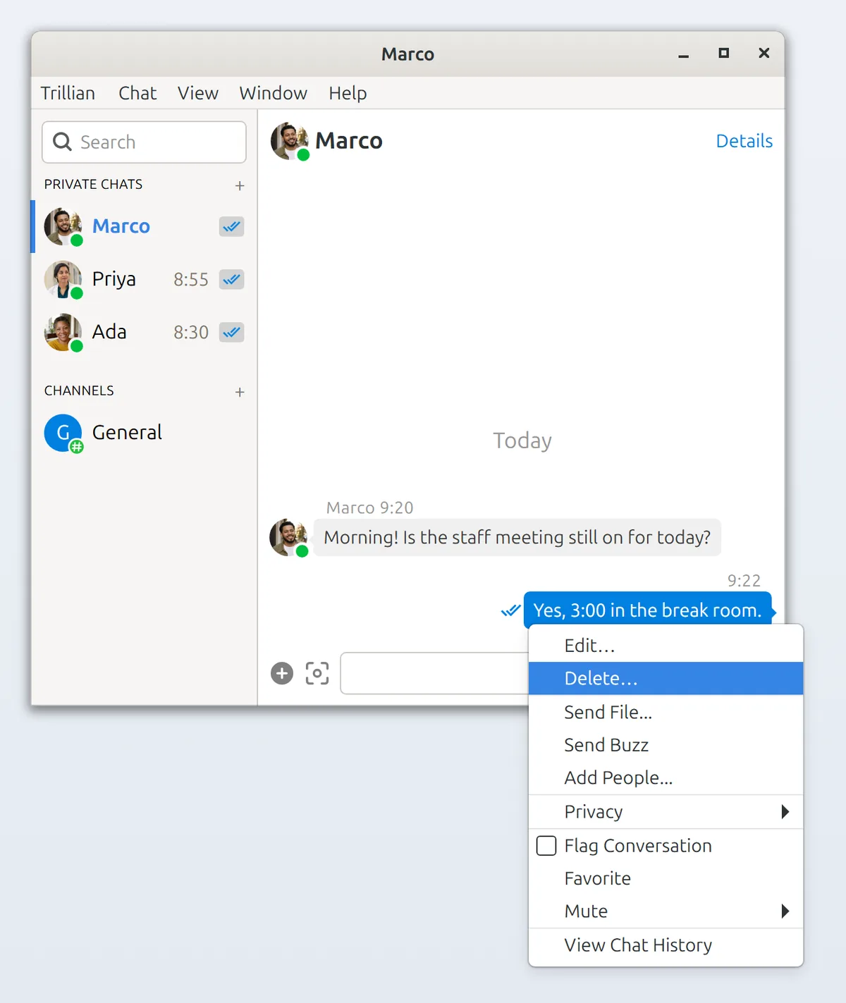 Linux: a chat window with the Delete option showing for one of your sent messages