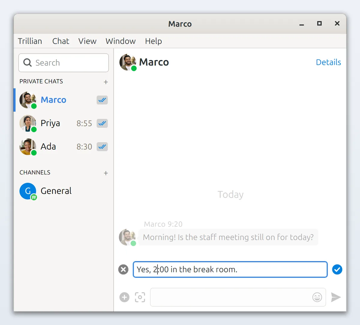 Linux: a chat window with one of your sent messages open for editing