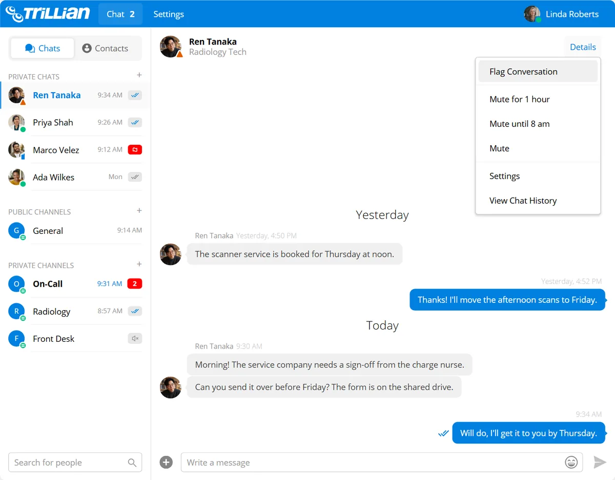 Web: the chat window menu with Flag Conversation, and the flagged chat marked with a flag in the chat list