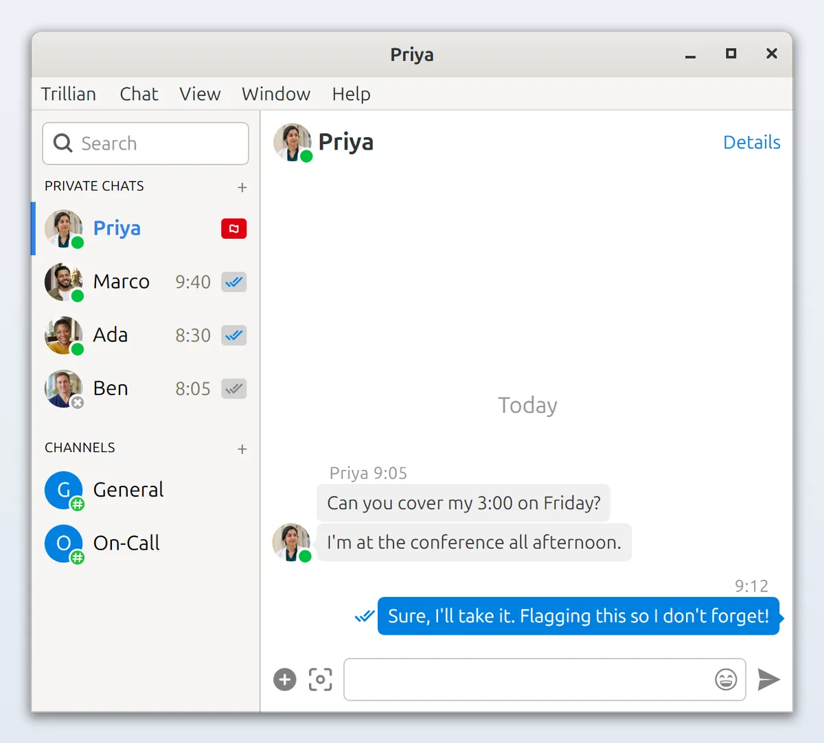 Linux: the chat list with a flagged conversation marked by its flag icon