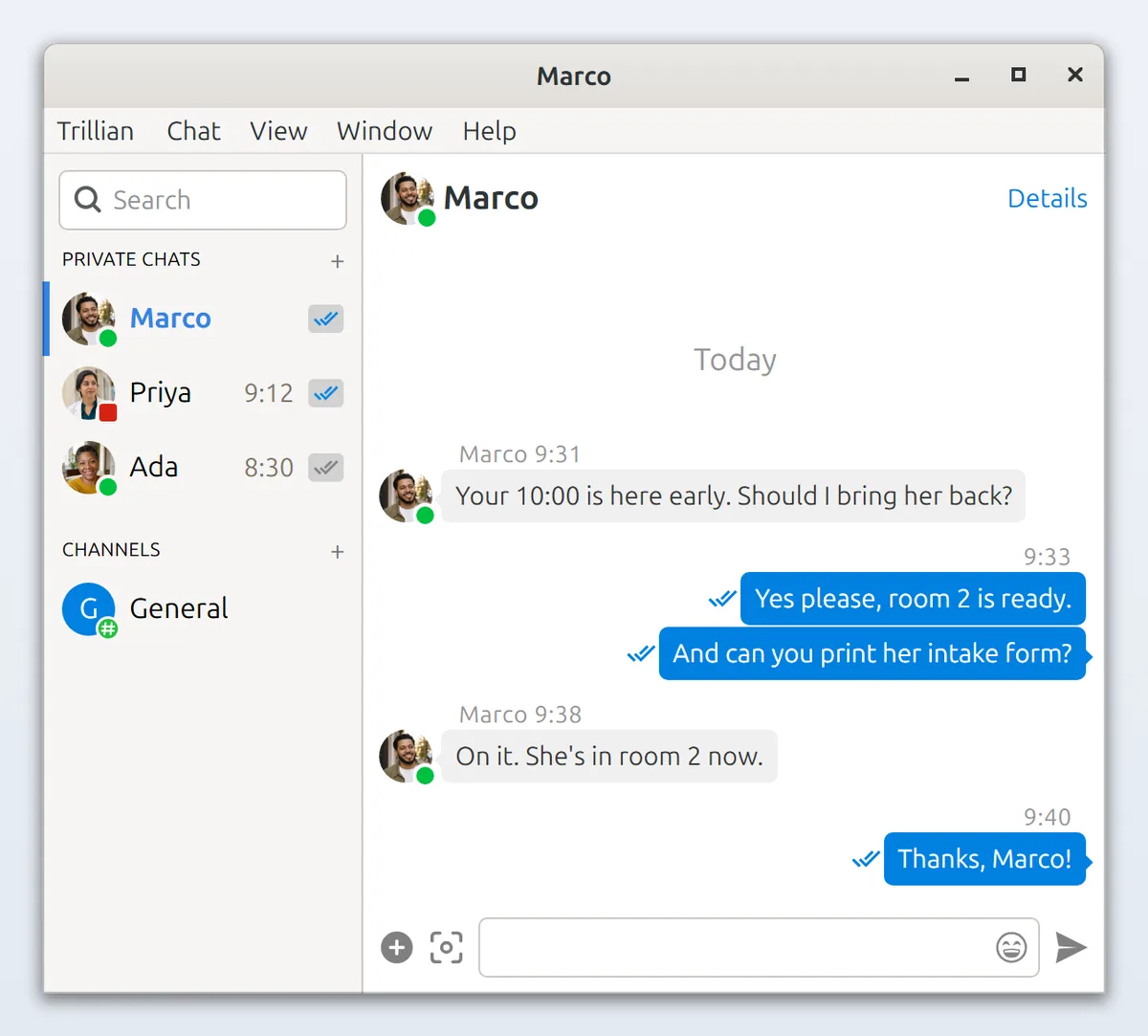 Linux: a conversation with read receipts on sent messages, and check marks in the chat list