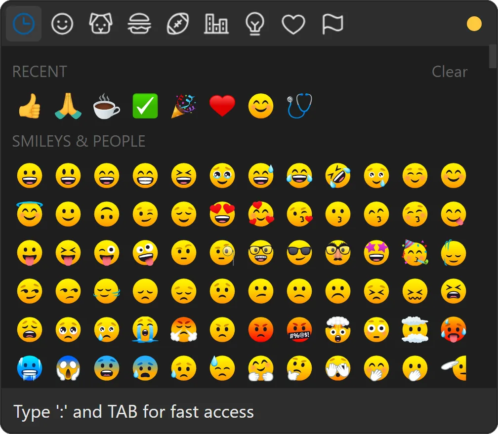 Windows: the emoji chooser in the dark theme, showing recently used emoji