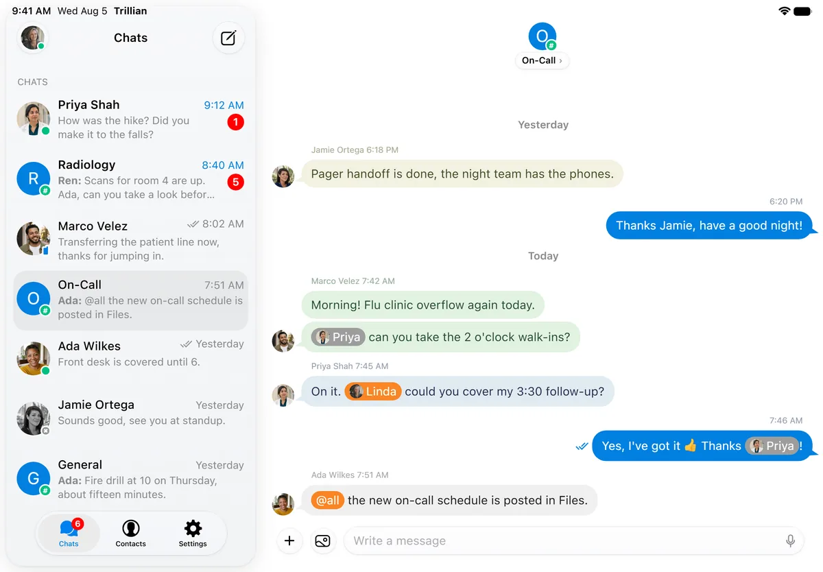 iPad on iPadOS 26: Trillian in landscape, with the floating glass sidebar on the left and a conversation in its own pane running full width under it