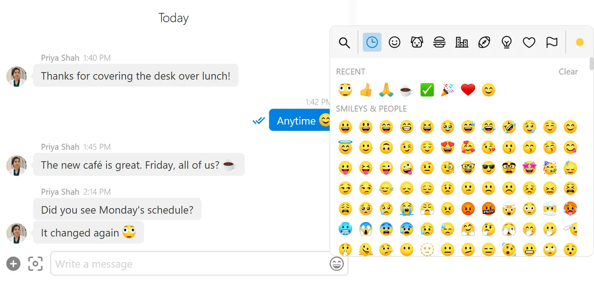 Windows: the emoji browser open in a chat window, showing the JoyPixels 11 set