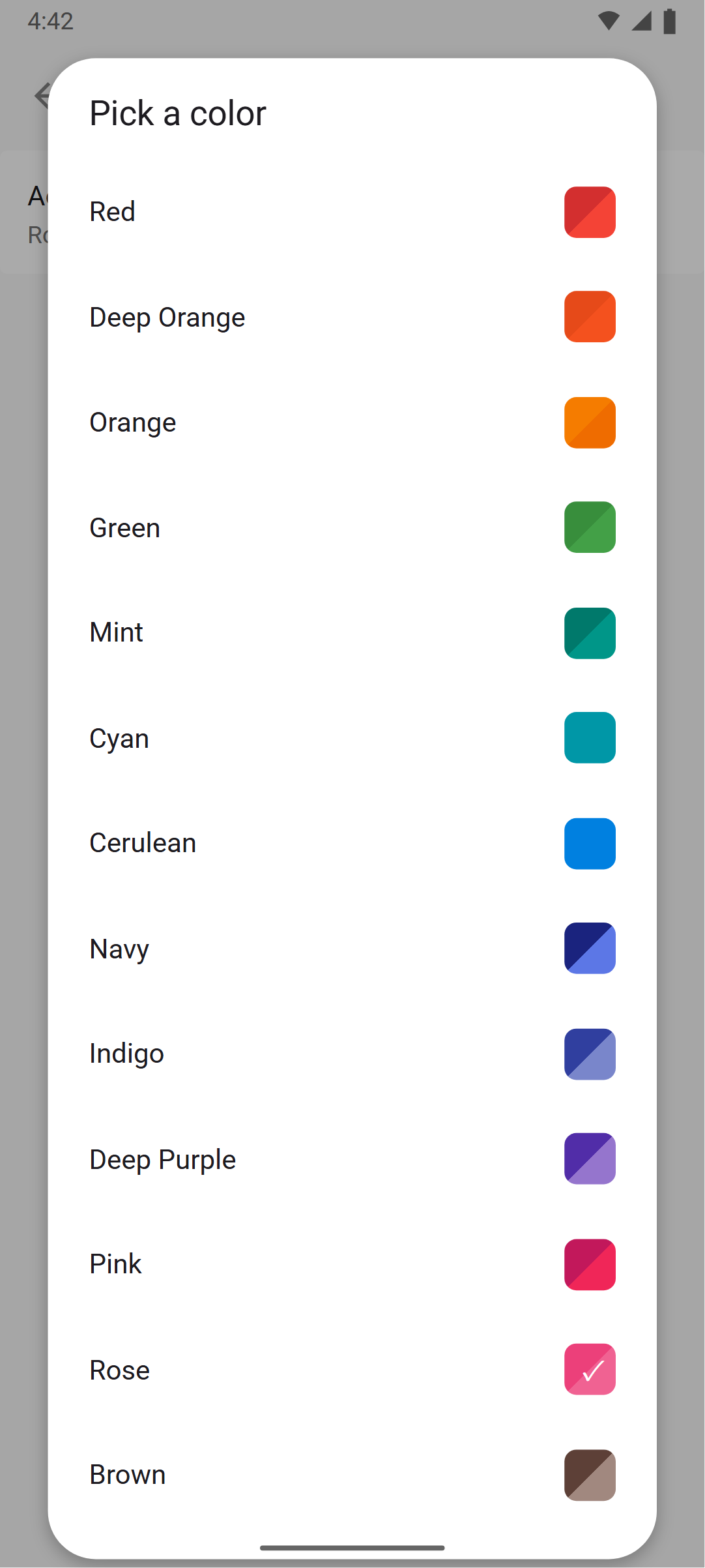 Android: the accent color picker in rainbow order, each swatch split into its light and dark versions, with Rose selected