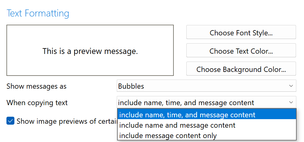 Windows: Settings, Chat Windows, with the When copying text list open and its three choices showing