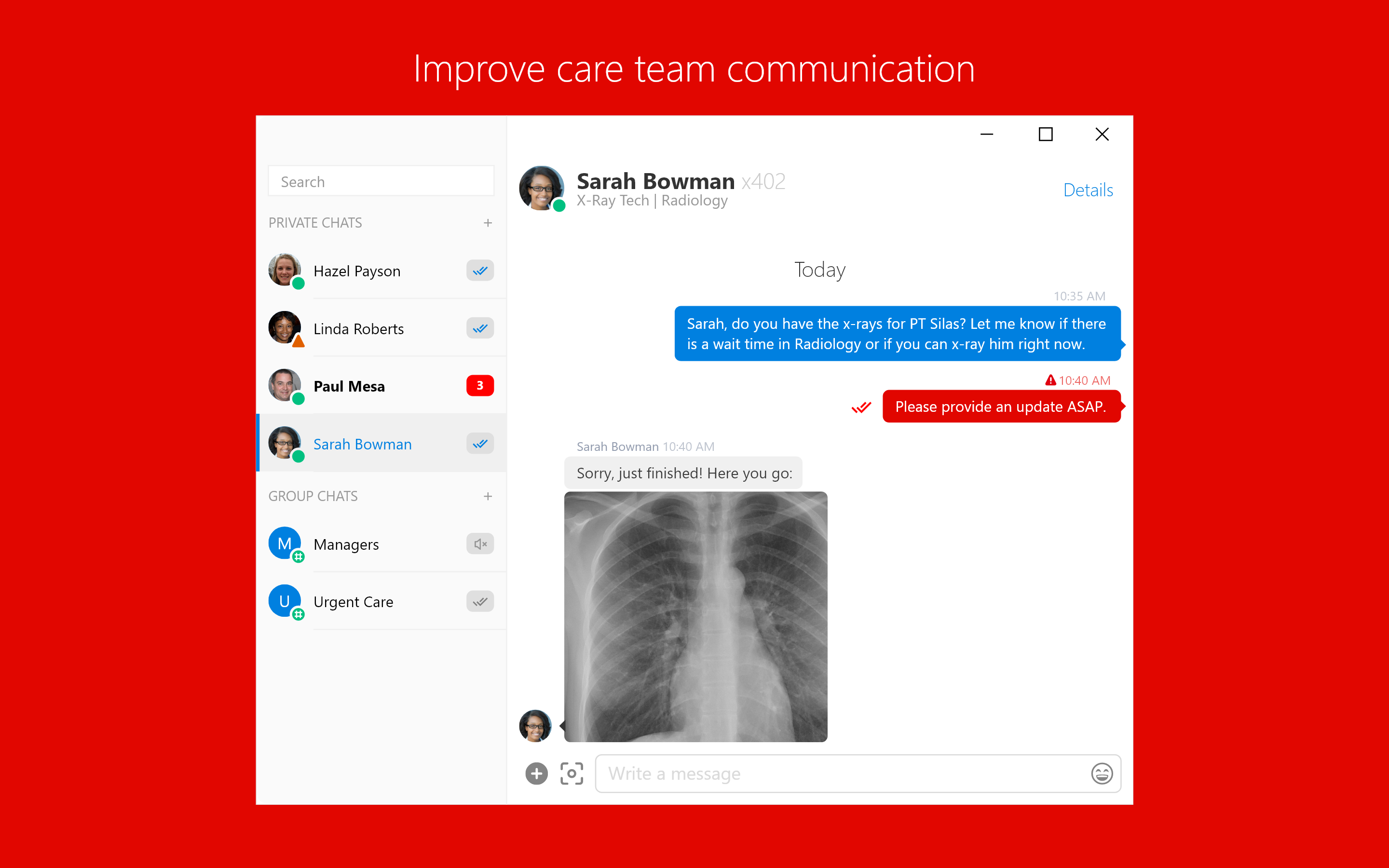 Picture of a Trillian message window showing a group chat in a healthcare setting