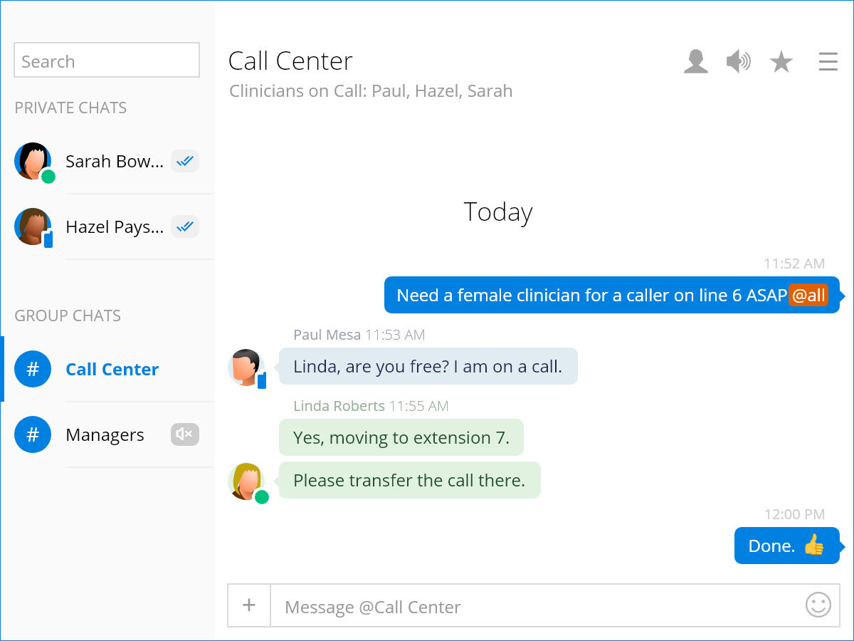 Screenshot of Trillian on Windows showing a group chat with multiple healthcare workers